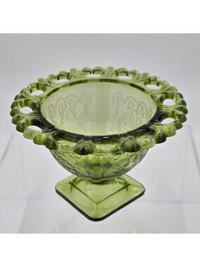 Indiana Glass Lorain Basket Design Avocado Green Glass Footed Lace Trim Planter